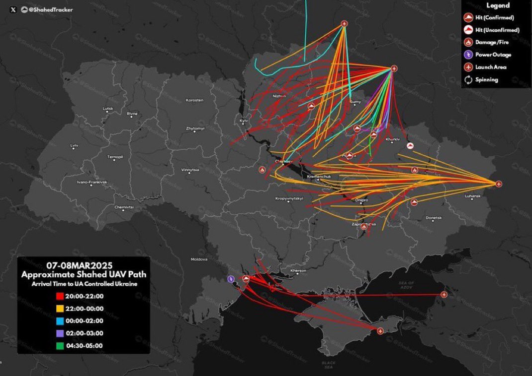 visegrad24's tweet image. BREAKING:

More than 70 Russian suicide drones just entered Ukrainian airspace.

The picture shows the direction from which last night’s drone strikes came. It was one of the largest Russian drone swarm attacks of the war.
