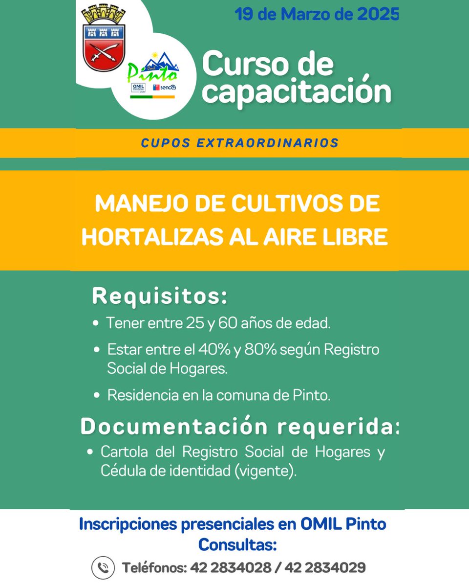 Nuevo curso de capacitación 

*Manejo de cultivo hortalizas al aire libre*

Inscripciones hasta completar los cupos en oficina de OMIL