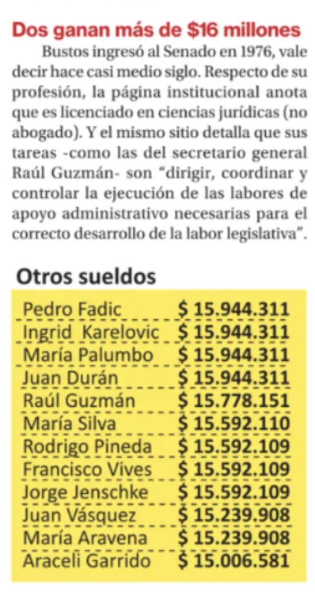 Sueldos mensuales hoy en el Senado, en Valparaiso, Chile