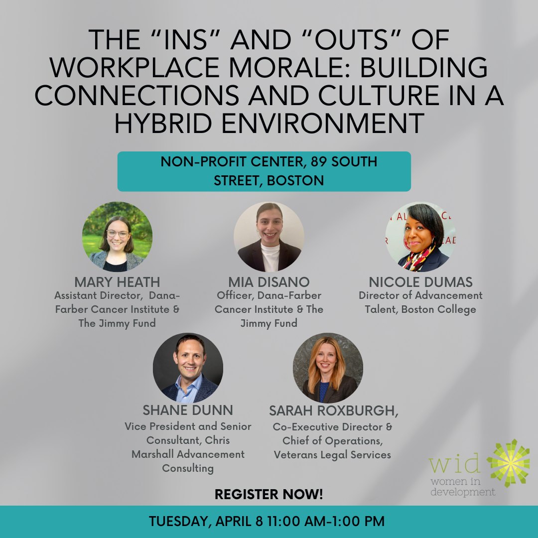 @vetslegal co-executive director Sarah Roxburgh will be a panelist at the Women in Development of Greater Boston event, The "Ins" and "Outs" of Workplace Morale: Building Connections and Culture in a Hybrid Environment.

widgb.memberclicks.net/index.php?opti…