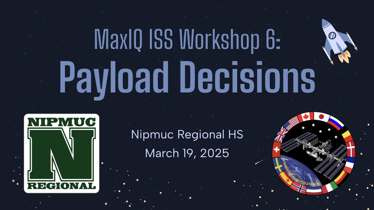 MrGorman1's tweet image. This afternoon, our ISS Mission students presented their payload to the @MaxiqSpace international Zoom.  We are entering the hard-core testing phase now. Proposed launch window is Jan 28 - Oct 4 from @NASAKennedy. Exciting times ahead

#MURSDInspires #NipSci #NipmucPride