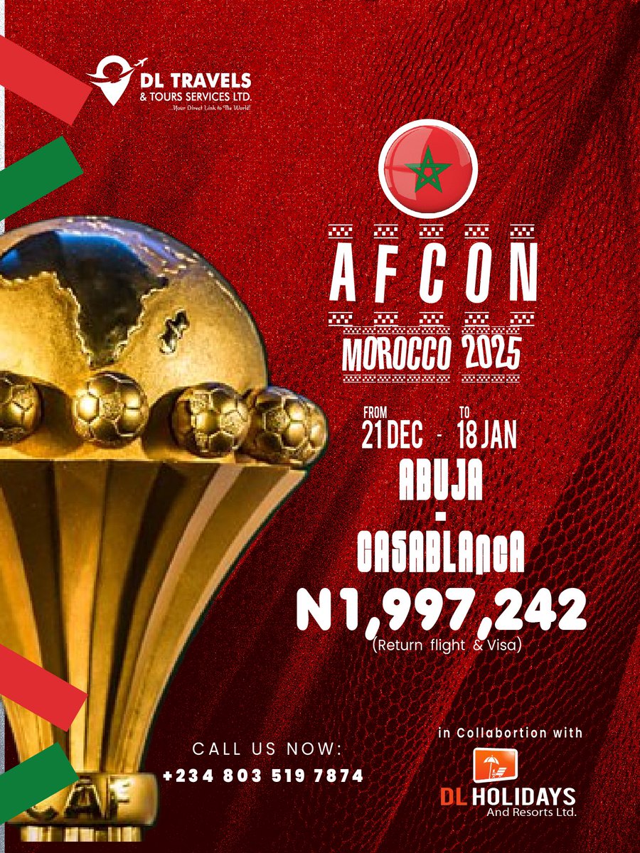 DirectLinkTrav1's tweet photo. Let DL Travel and Tours take you to AFCON 2025 in MOROCCO

#AFCON2025 https://t.co/W40XHyD999