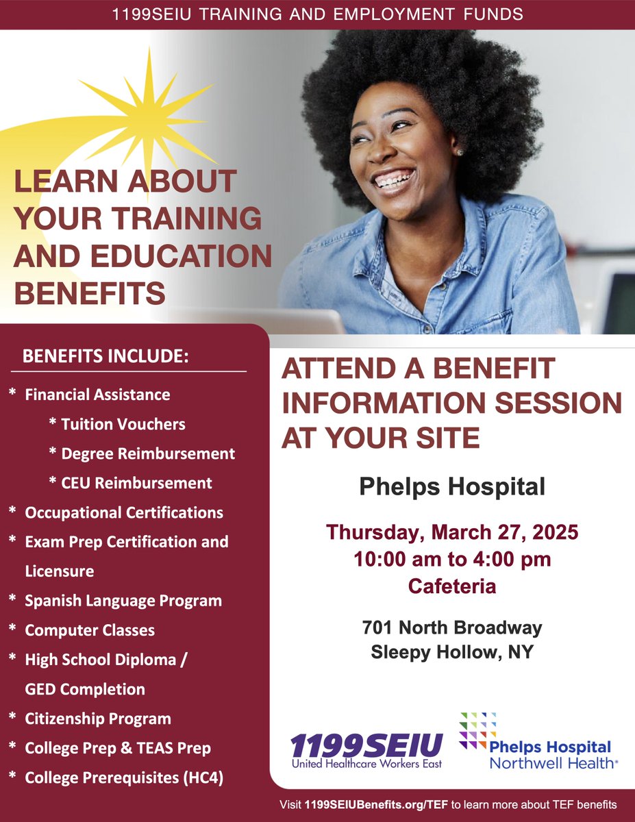 .<a href="/1199SEIU/">1199SEIU💫</a> members working <a href="/phelpshospital/">Phelps Hospital</a>, we'll visit your site for a benefit info session Thursday, March 27th, from 10 am to 4 pm. See the flyer for details &amp; join us to learn about TEF benefits

Please share this post &amp; flyer with your coworkers. We hope to see you Thursday!
