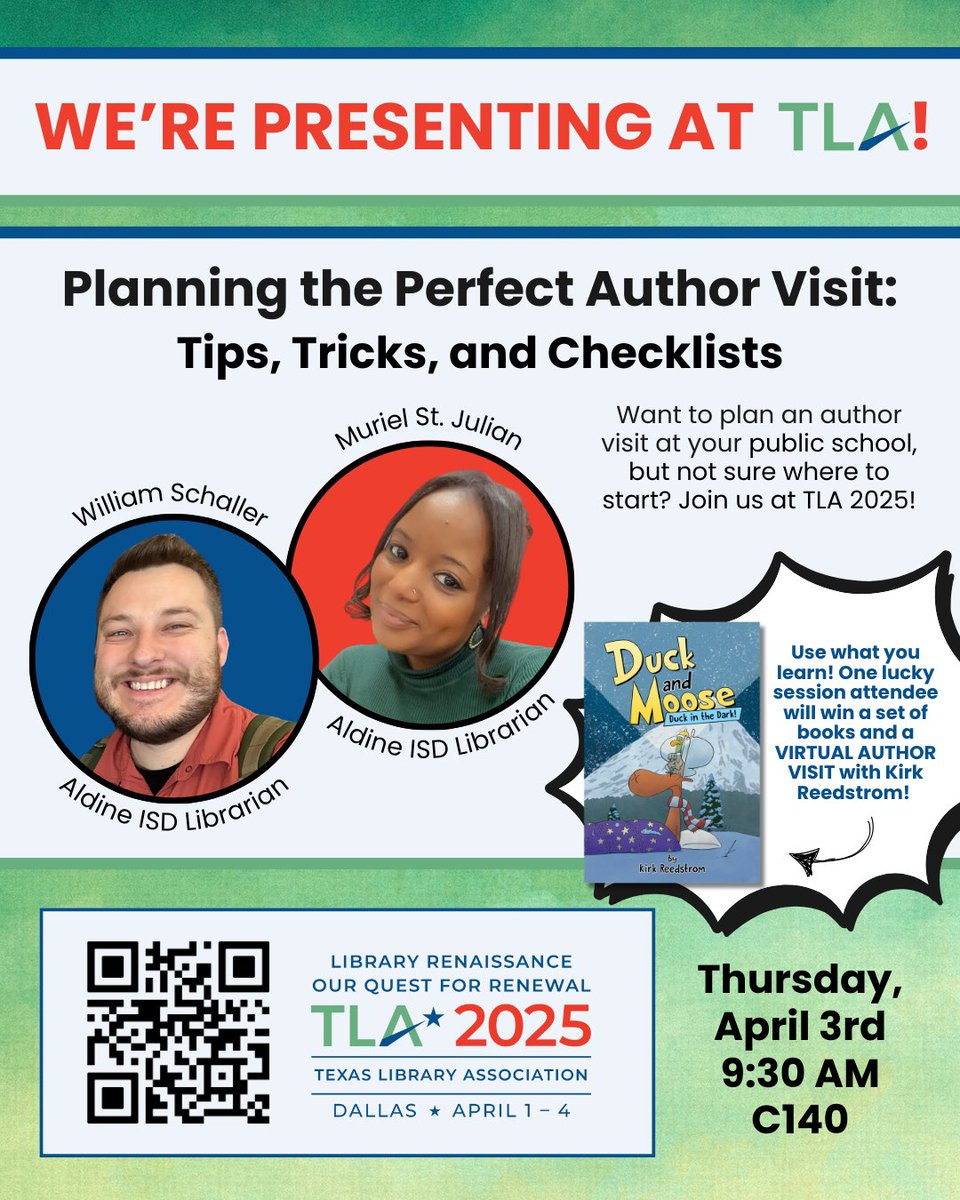 Mr. Schaller (@schallereading) on Twitter photo We’re presenting at the Texas Library Association conference this April! Join us for tips, tricks, and checklists to plan the perfect author visit. One lucky attendee will win a virtual author visit with <a href="/kirkreedstrom/">Kirk Reedstrom</a>!
<a href="/aldinelibraries/">Aldine ISD Libraries</a> <a href="/TXLA/">Texas Library Assn.</a> We’re presenting at the Texas Library Association conference this April! Join us for tips, tricks, and checklists to plan the perfect author visit. One lucky attendee will win a virtual author visit with <a href="/kirkreedstrom/">Kirk Reedstrom</a>!
<a href="/aldinelibraries/">Aldine ISD Libraries</a> <a href="/TXLA/">Texas Library Assn.</a>