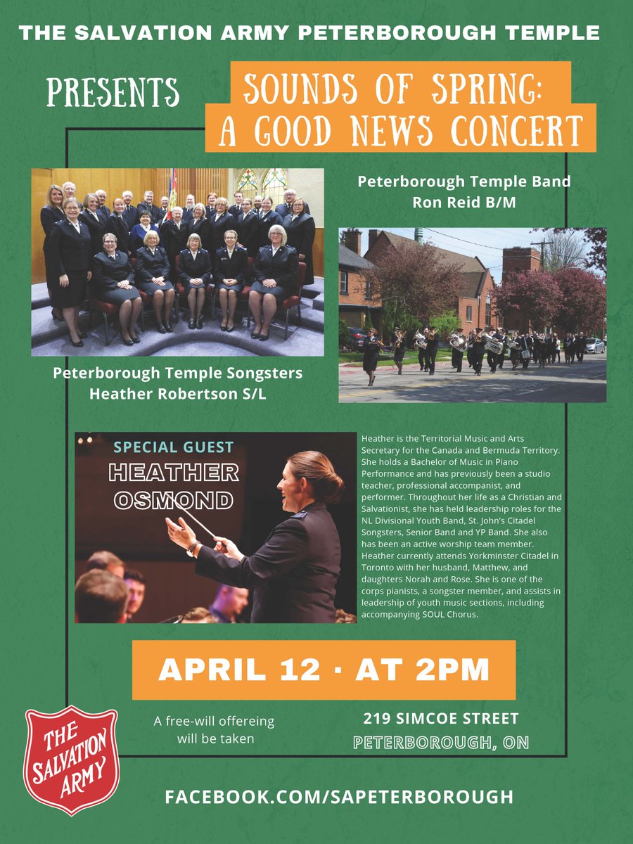 Please join us on Saturday, April 12 at 2:00pm. The Temple #BrassBand, #Songsters (Sr. #Choir), and special guest Heather Osmond on the piano. Free-will offering will be taken. Great music and home by dinner!