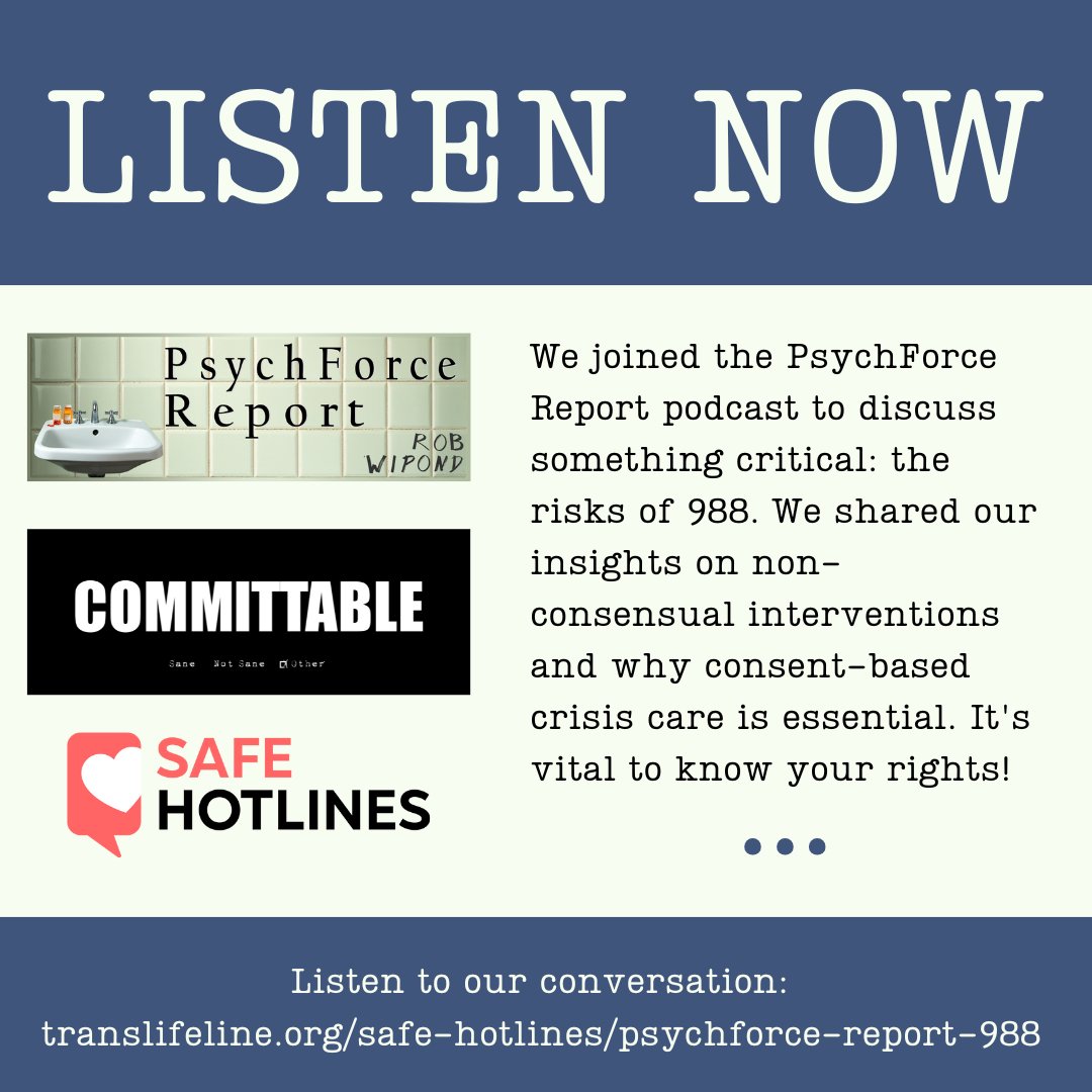We were on the PsychForce Report TV podcast! We discussed why 988's practices raise serious concerns. Listen to our conversation: translifeline.org/safe-hotlines/…

#988CrisisLine #MentalHealth
