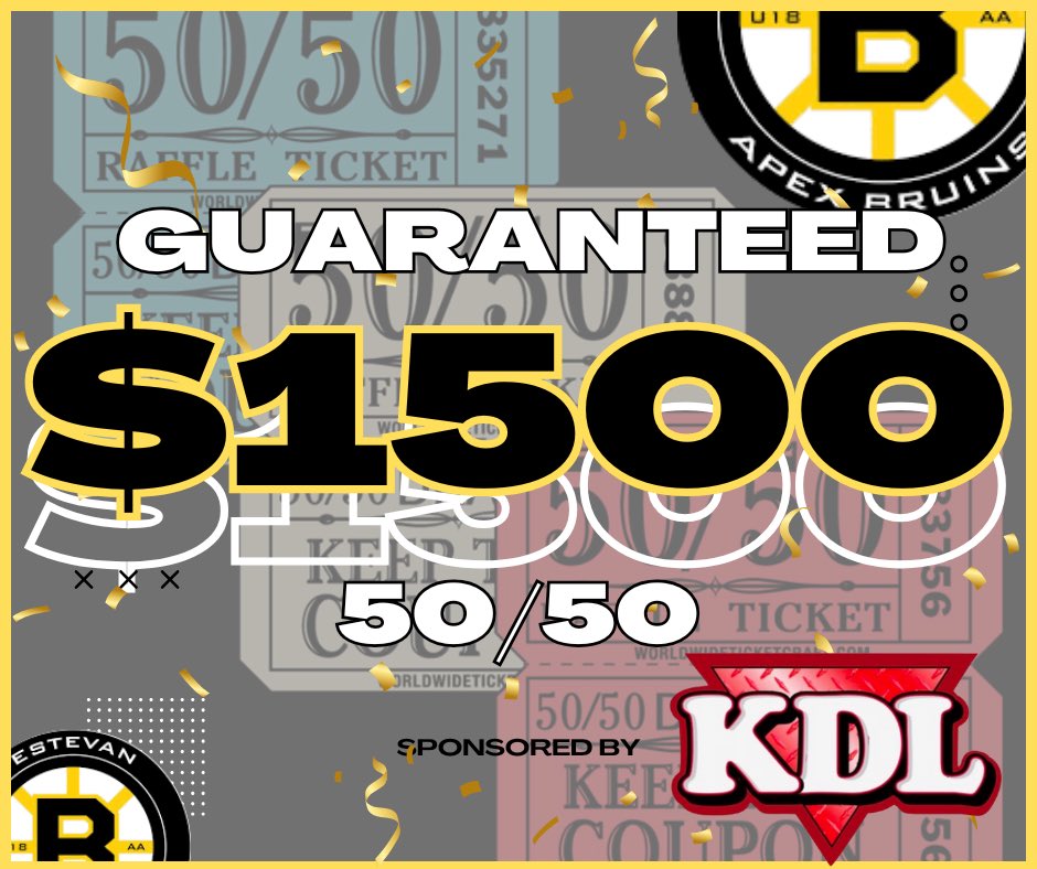 ApexAABruins's tweet image. Friday Night’s 50/50 is a guaranteed take home…

Thank you to our amazing sponsor:  KDL

Admission is FREE with a $10 ~ 50/50 purchase

Regular Gate:
Adults - $5
Minors - Free