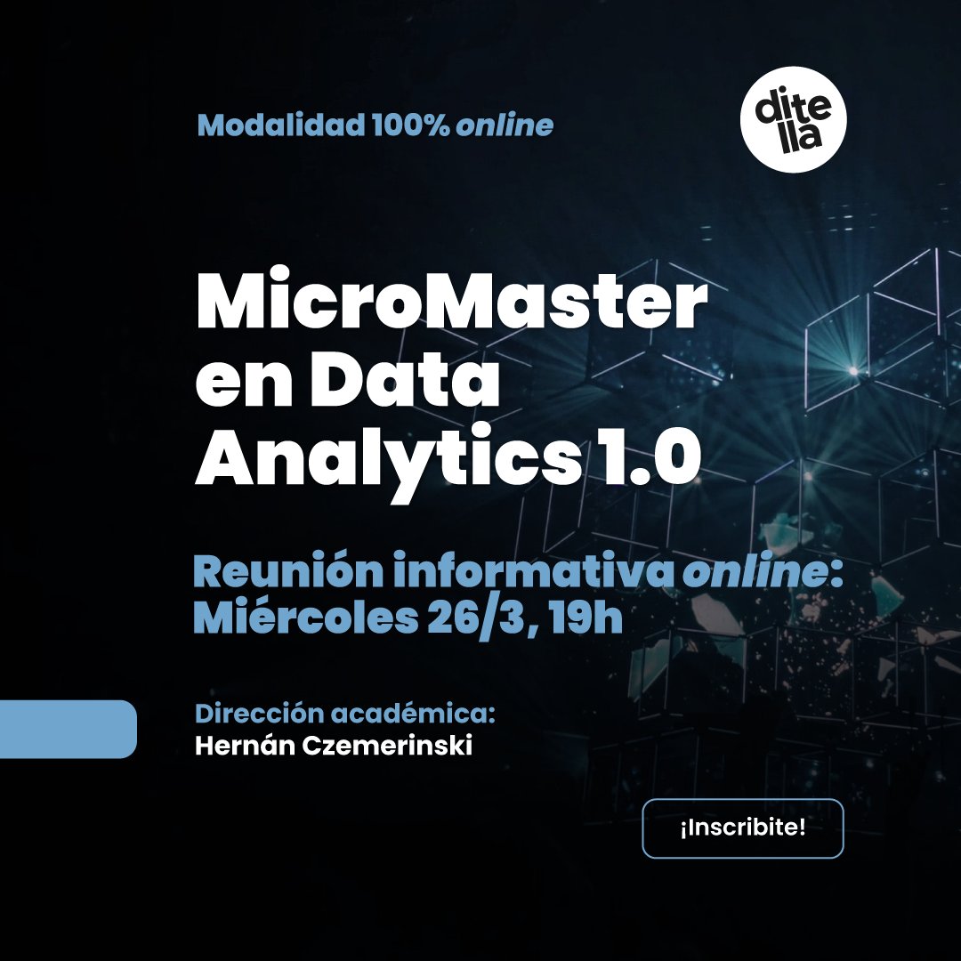 #MicroMastersDiTella Adquirí competencias y habilidades fundamentales para utilizar, explorar, analizar y presentar datos. Conocé más en la reunión informativa online: miércoles 26/3, 19h. ¡Inscribite! bit.ly/4hOQ0EG