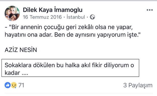 ⭕️ Dilek İmamoğlu eşi için partileri sokağa davet etti.

Ancak sosyal medyada İmamoğlu’na 15 Temmuz gecesi attığı twit hatırlatıldı.