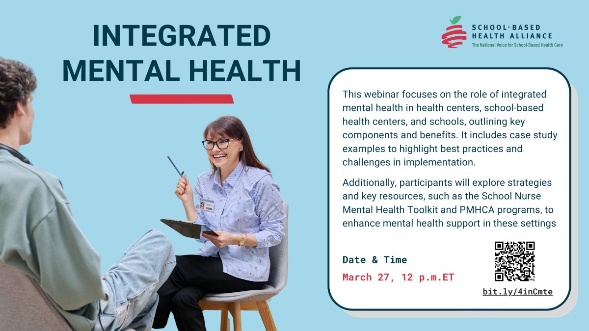 03/27 at 12 pm 🥳Join a conversation on integrating mental health support in health centers, school-based health centers, and schools. Register now! bit.ly/4inCmte