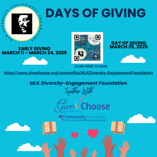 MLKMarch's tweet image. Early giving is under way for #givechoose2025!

Consider making a gift to the MLK Diversity Engagement Foundation to help support our scholarship program and our work in the Loudoun Community.

Help is reach our $2000 goal by making a gift here:givechoose.org/nonprofits/MLK…