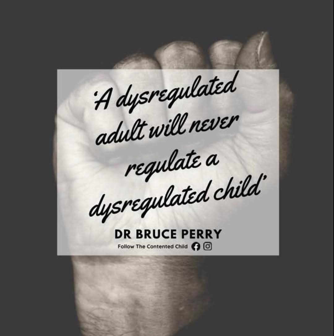 It takes a regulated adult to regulate a dysregulated child. It is important that adults be in touch with their emotions. We can unintentionally escalate our young people's behaviour, which means children will struggle to calm their emotions.Regulation  starts with us.🧠🌱