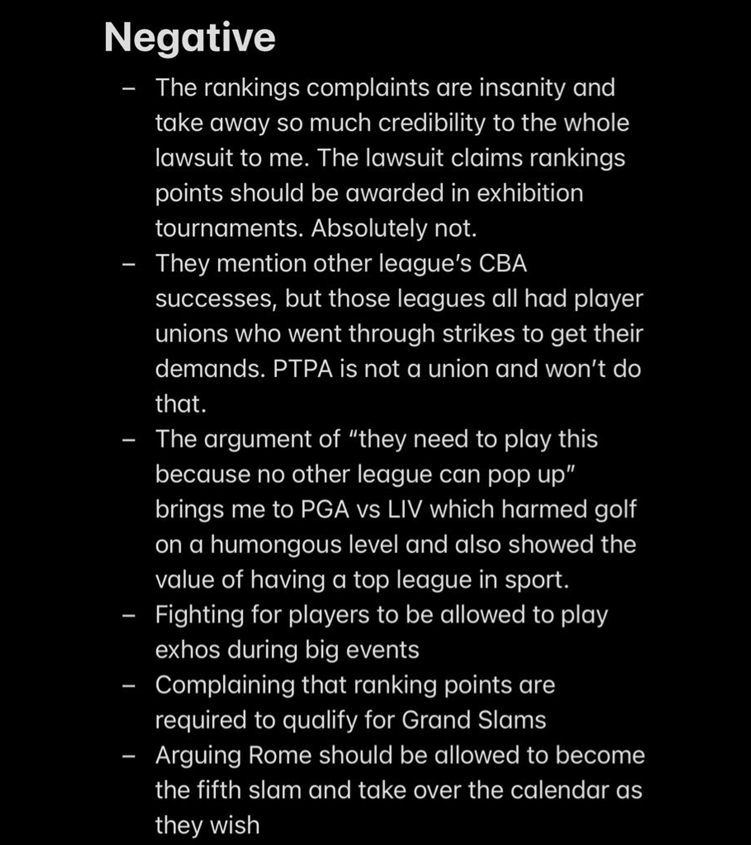 kostekcanu's tweet photo. My thoughts (nobody cares) after reading the full lawsuit:

Much here is necessary to fight for. But much is just way too far. 

IMO, based off the negatives, they don't want to better the tours, PTPA wants to take them down to create something overall worse for tennis. https://t.co/uSVLI3jgOB