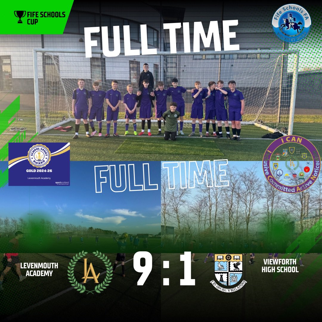 Levenmouth Academy (@levenmouthac) on Twitter photo Our S2 Football Team played against Viewforth High School this evening and came out victorious with a 9-1 win for the first round of the <a href="/FifeSchoolsFA/">Fife Schools FA</a> Fife Schools Cup.
We now face Beath High School in the quarter finals.
Well done! 👏 #believetoachieve Our S2 Football Team played against Viewforth High School this evening and came out victorious with a 9-1 win for the first round of the <a href="/FifeSchoolsFA/">Fife Schools FA</a> Fife Schools Cup.
We now face Beath High School in the quarter finals.
Well done! 👏 #believetoachieve