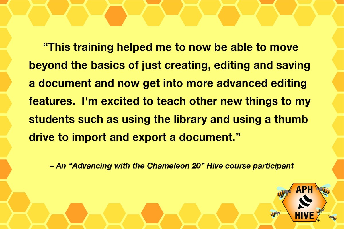 APHfortheBlind's tweet photo. Want to "move beyond the basics of just creating, editing &amp; saving a document" on the Chameleon 20? The APH Hive's Advancing with the Chameleon 20 course dives into advanced functions &amp; is ideal for anyone who works with users of this braille display. https://t.co/nn3OULR0mm https://t.co/ydHhpD6Ma3