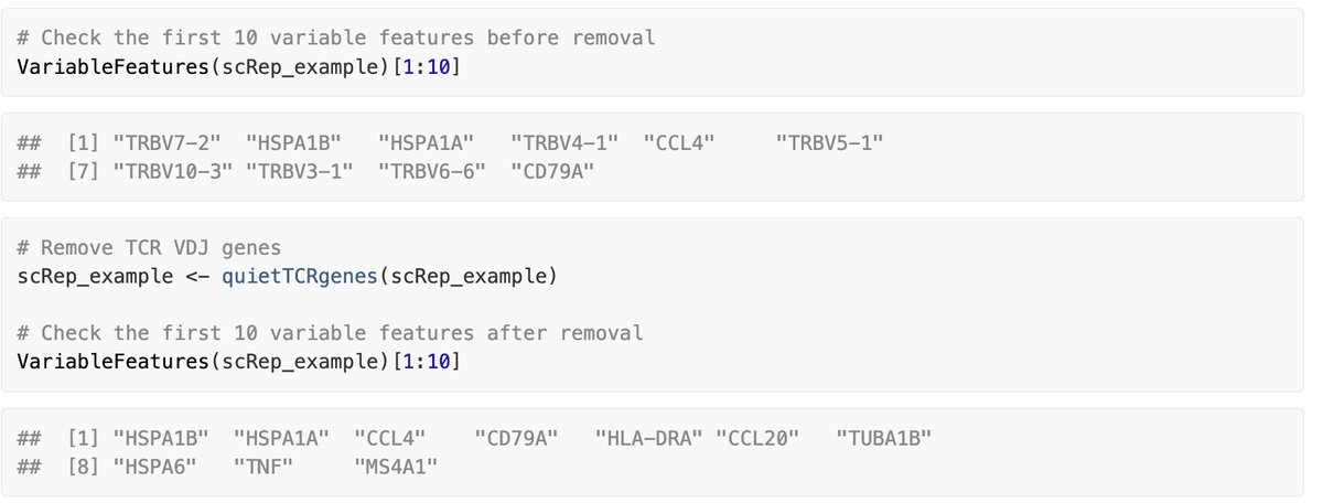 theHumanBorch's tweet image. scRepertoire now has a function to remove TCR/BCR VDJ genes from the variable features used for dimensional reduction.
Friends don't let friends bias their clusters with indirect measures of clonal expansion.
borch.dev/uploads/screpe…