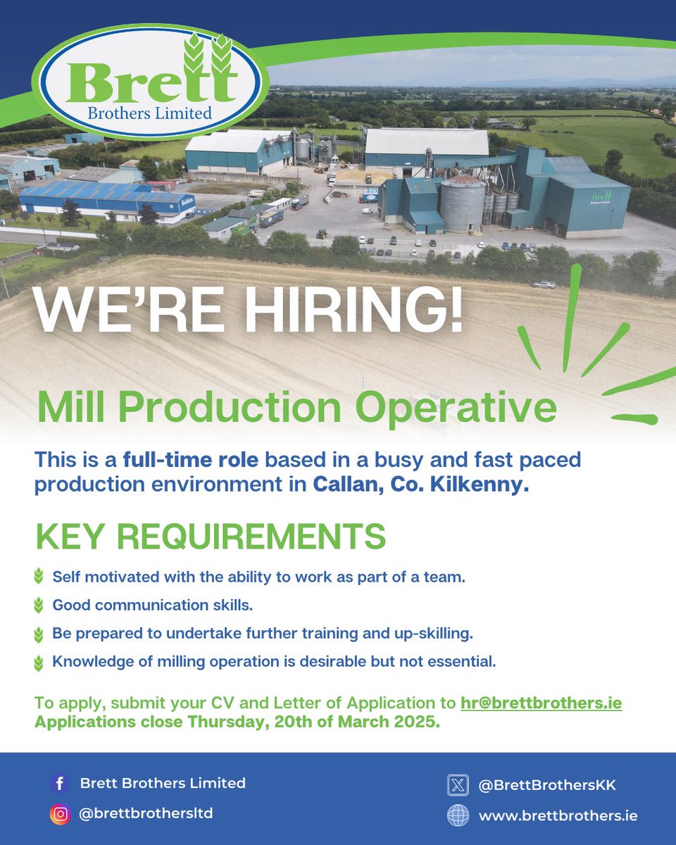 We’re Hiring! 📢 Join our team as a Mill Production Operative in Callan, Co. Kilkenny! Full-time role in a fast-paced production environment

📩 Apply by sending your CV &amp; Letter of Application to hr@brettbrothers.ie