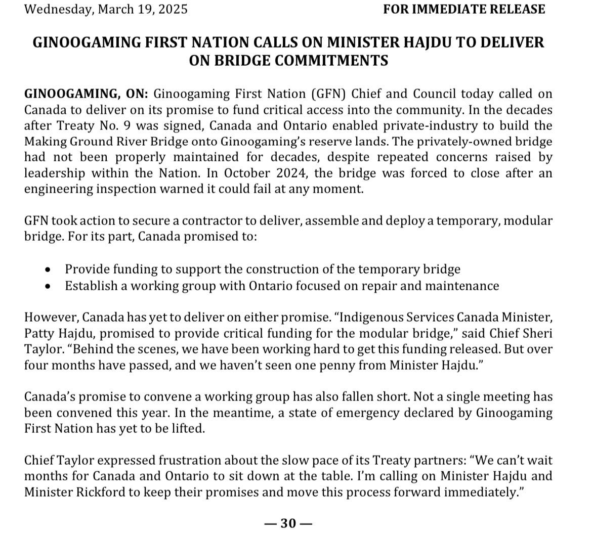 JonSThompson's tweet photo. Ginoogaming First Nation has been under a state of emergency over the bridge to Longlac and “over 4 months have passed, and we haven’t seen one penny from [Indigenous Services Canada] Minister Patty Hajdu.”
For more, my story for ⁦@ricochet_en⁩
https://t.co/VxhOElaYXv https://t.co/VDlhja1BDE