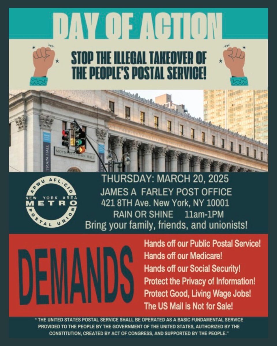 CentralLaborNYC's tweet photo. TOMORROW! Thursday, March 20, 11AM: Join the @APWUnational for a Day of Action! 

The US Mail is NOT FOR SALE!

More: https://t.co/qYs2zavhrI https://t.co/tguK24UdDT