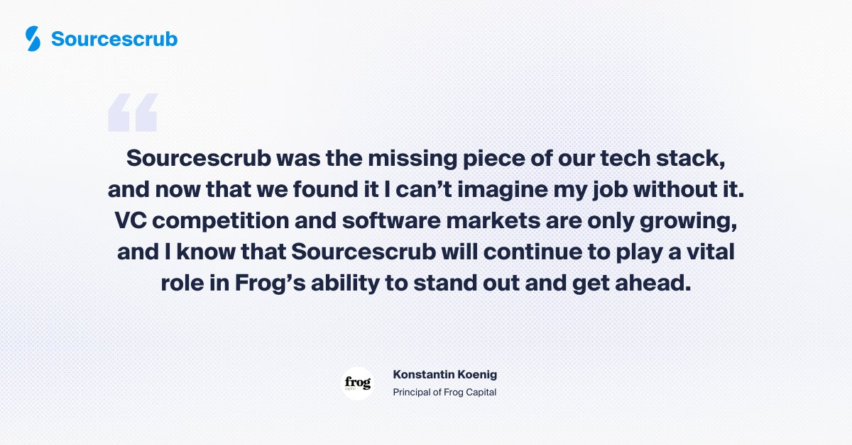 Sourcescrub (@sourcescrub) on Twitter photo Frog Capital found the missing piece of their tech stack with <a href="/Sourcescrub/">Sourcescrub</a> ๐ With our platform, they boosted deal flow, doubled pipeline contribution, and improved conference planning efficiency by 80%!
hubs.la/Q03cCBG_0
#VentureCapital #DataDriven #SuccessStory Frog Capital found the missing piece of their tech stack with <a href="/Sourcescrub/">Sourcescrub</a> ๐ With our platform, they boosted deal flow, doubled pipeline contribution, and improved conference planning efficiency by 80%!
hubs.la/Q03cCBG_0
#VentureCapital #DataDriven #SuccessStory