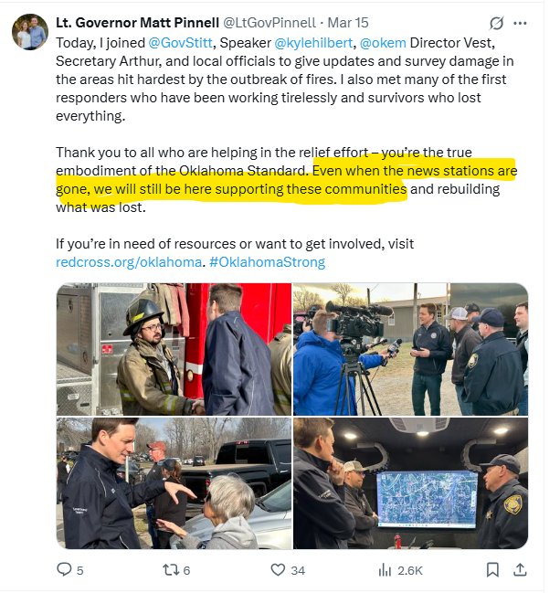 Erin_Christy's tweet photo. The news stations are NOT gone but--you know who is? 
Lt. Governor Matt Pinnell. He's on non-work related travel. Multiple sources confirm Governor Stitt is out of state, too. Sen Pro Tem Lonnie Paxton's office confirms Paxton is our acting governor. https://t.co/EfcsDNWDYB