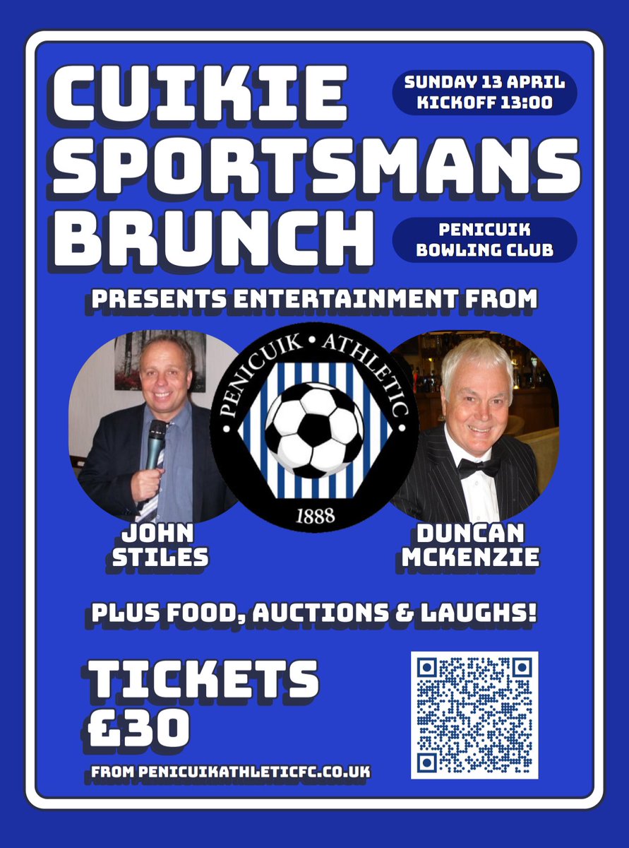 We are delighted to confirm the details of our upcoming Sportmans Brunch, on Sunday 13 April at Penicuik Bowling Club, with entertainment from John Stiles and Duncan McKenzie!

Tickets are available at penicuikathleticfc.co.uk for £30 per person!