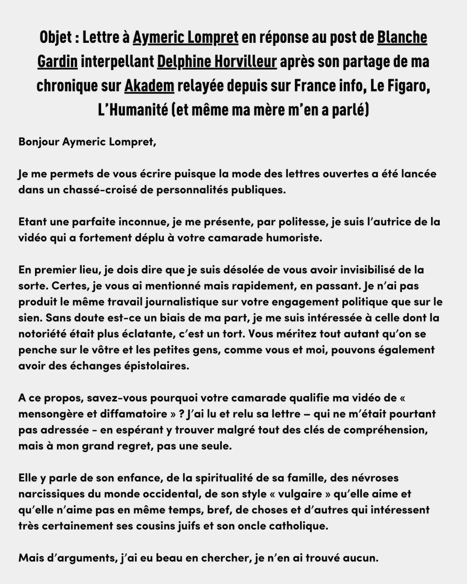 ElishevaGot's tweet photo. Objet : Lettre à Aymeric Lompret en réponse au post de Blanche Gardin interpellant Delphine Horvilleur après son partage de ma chronique sur Akadem relayée depuis sur France info, Le Figaro, L’Humanité (et même ma mère m’en a parlé) https://t.co/hmFKf1TPD1