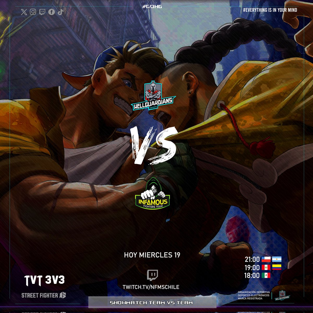 HellguardiansE's tweet photo. En simultáneo con #Tekken8, tendremos el Showmatch TVT 3v3 🆚 los chicos de @nfmschile 🤜🤛.

⏰ 21H 🇨🇱🇦🇷/19H🇨🇴/18H🇲🇽
📺 https://t.co/qZKbElVD8Q

✅#Madbuda 
✅Rataman #rataman
✅Kaik @kai1586k
✅Markuz @MarkuzCL

¡Imposible perderse tremendos duelos de hoy!.

#GOHG https://t.co/efkPSZZwM1