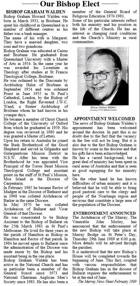 AustAnglican's tweet image. 20 March 1931: birth (Brisbane QLD) of Graham Howard Walden, second Bishop of The Murray 1989-2001 (and, before that, Assistant Bishop in Ballarat 1981-1989). Also served Bathurst diocese (Gilgandra, Mudgee). Obiit 27 November 2017. #anglican #94years