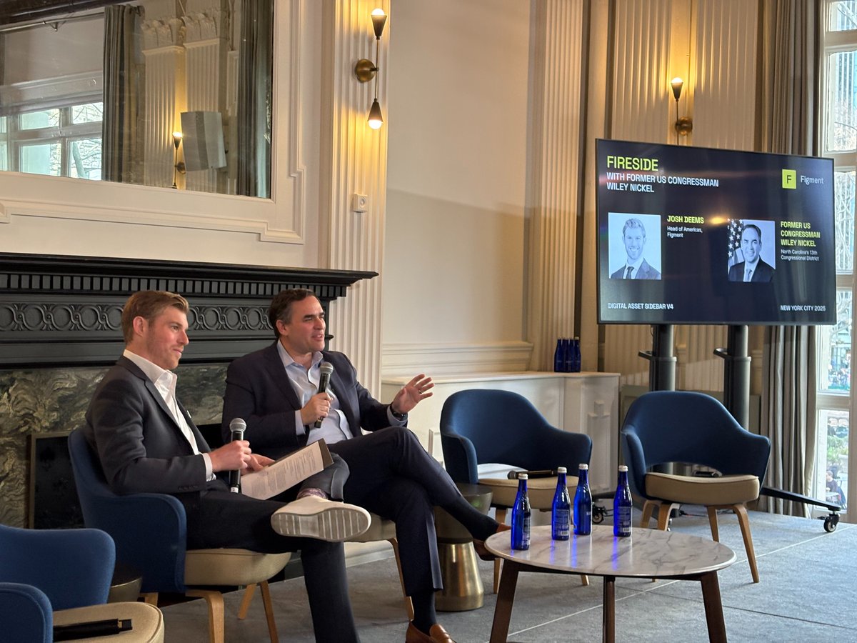 Figment (@figment_io) on Twitter photo For the last discussion of Digital Asset Sidebar, <a href="/Josh_Deems/">Josh Deems</a> sat down with former Congressman <a href="/WileyNickel/">Wiley Nickel 🇺🇸</a>.
This was a rich fireside conversation delving into how Congress is working to harmonize crypto regulations and develop guidance. For the last discussion of Digital Asset Sidebar, <a href="/Josh_Deems/">Josh Deems</a> sat down with former Congressman <a href="/WileyNickel/">Wiley Nickel 🇺🇸</a>.
This was a rich fireside conversation delving into how Congress is working to harmonize crypto regulations and develop guidance.