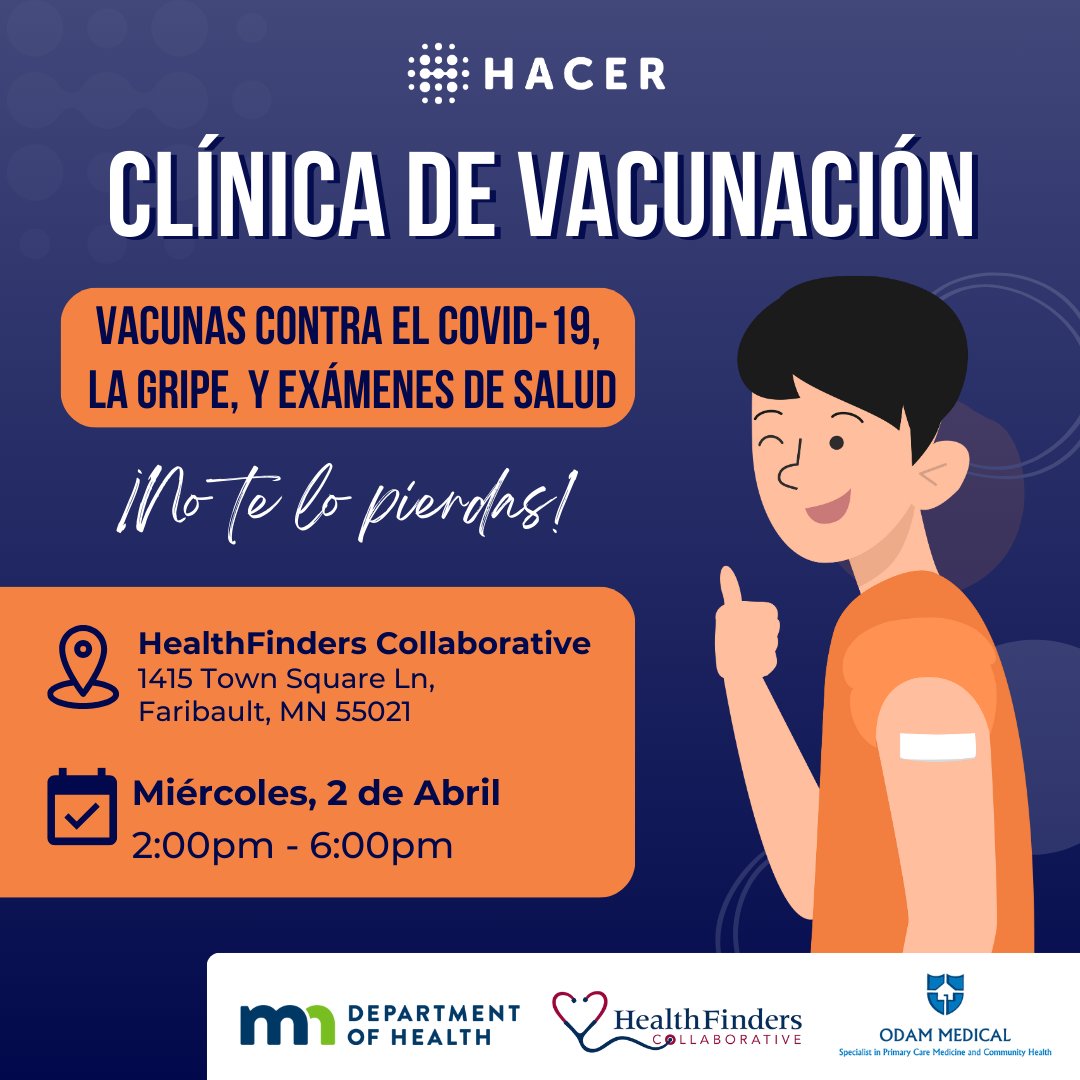 😷 Clínica de Vacunación / Vaccine Clinic

💉 Vacunas contra el COVID-19, la Gripe y Exámenes de Salud/ COVID-19, Flu Shots and and Health Screenings

☎️  Llámanos para hacer una cita / Or call us to schedule your appointment: 651-304-6145