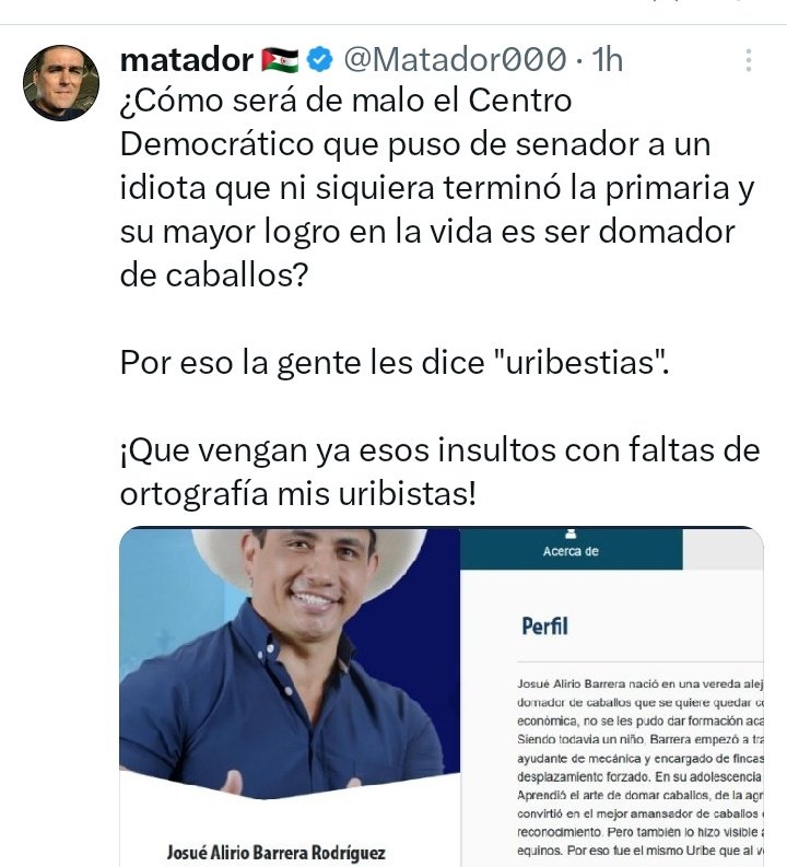 DataPolitikCol's tweet photo. Un gran logro de @JAlirioBarreraR sin graduarse del colegio, fue organizar las finanzas del Casanare y pagar toda la deuda en 4 años.

@Matador000 logró que lo echaran de EL TIEMPO por darle una golpiza a su mujer y dañar el conjunto residencial con el carro estando borracho. https://t.co/qoWYHPcclM