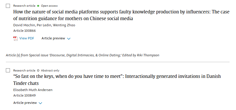 dcmjournal's tweet photo. 🚨New issue published!🚨
Many articles on #MediatedDiscourse, so long 🧵about the contents!
🔗https://t.co/JvtCGRZACv
1⃣ A multimodal analysis of identities of male beauty vloggers on bilibili, by L. Li & X. Wu
2⃣ Consumers engagement with media bias, by K. O'Farrell https://t.co/cefhnT75KW