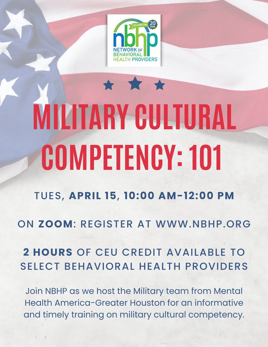 Please join NBHP as we host Mental Health America of Greater Houston's Military/Veterans team for "Military Cultural Competency 101" training on Tuesday, April 15, 10am-12pm on Zoom. 

Learn more and register here: nbhp.org/april2025-ceu.…