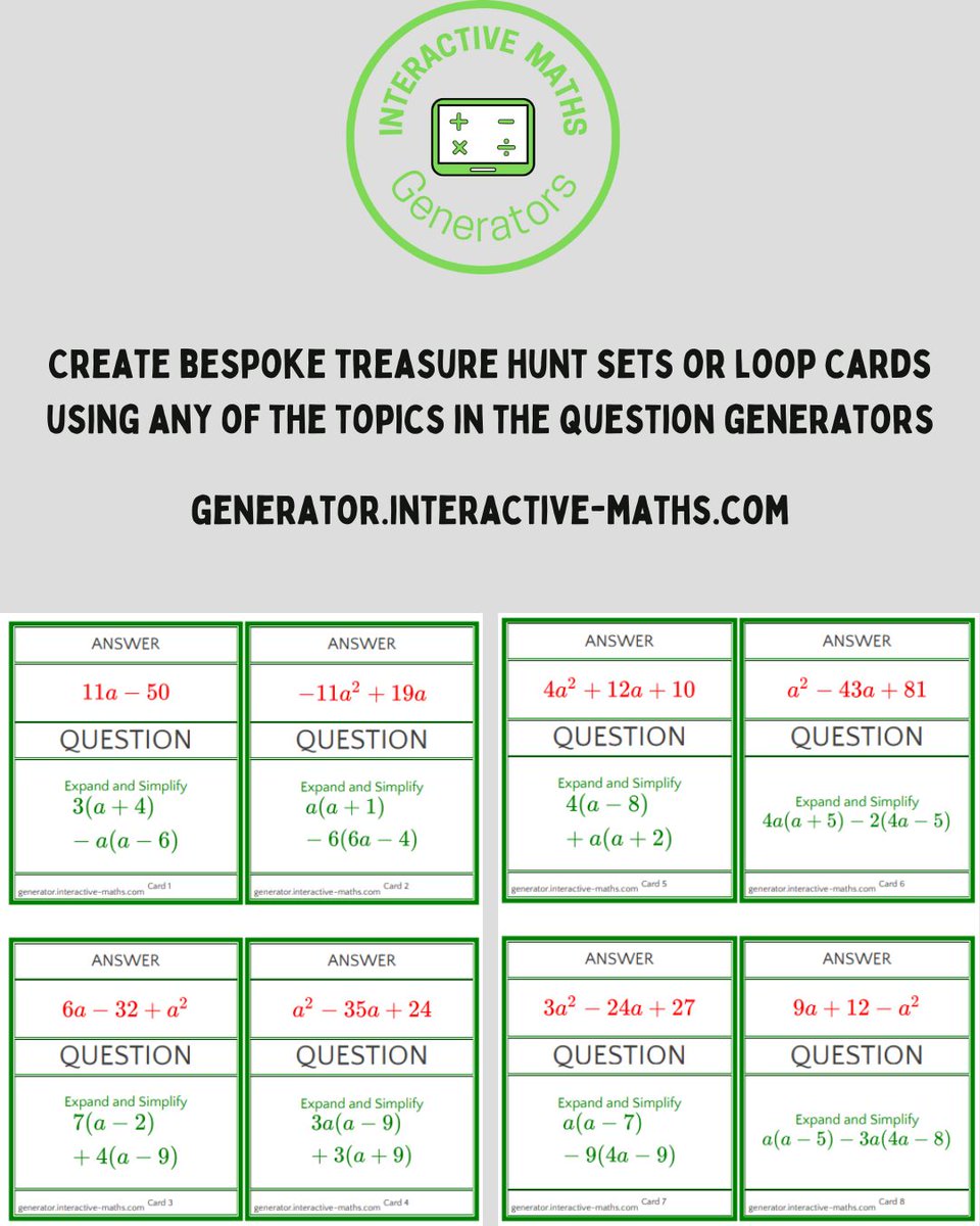 InteractMaths's tweet photo. Practice is so important in learning Maths. For any topic on the generators you can create a set of loop cards or a treasure hunt.
Free and no sign up.
There is even a tool to create your own!
https://t.co/XRV6hg2DpM
#UKMathsChat #maths https://t.co/Lvr33LBGuC