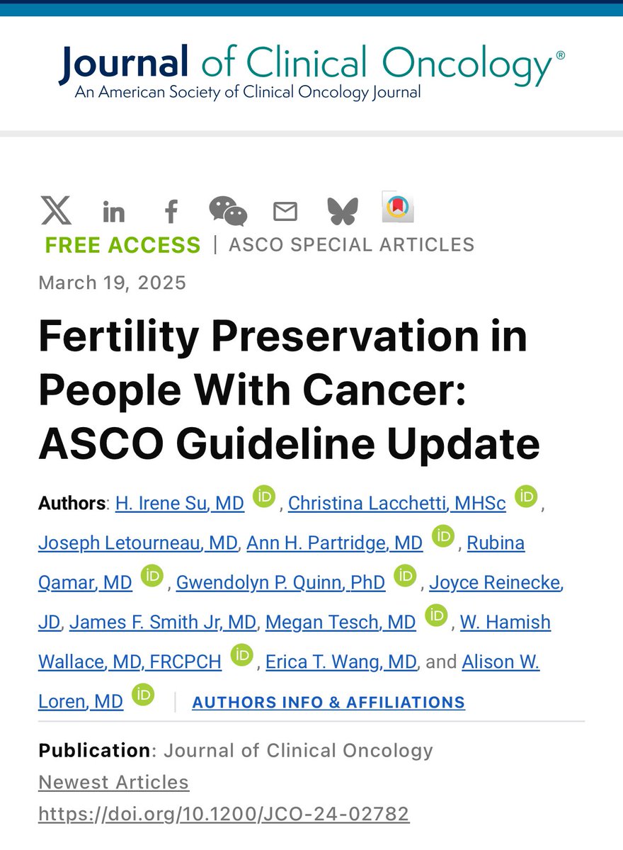 Matteo Lambertini, MD PhD (@matteolambe) on Twitter photo Just published in <a href="/JCO_ASCO/">Journal of Clinical Oncology</a> the updated <a href="/ASCO/">ASCO</a> guidelines on fertility preservation in people with #cancer: a must read for all colleagues involved in cancer care to increase awareness on #oncofertility issues
<a href="/OncoAlert/">OncoAlert</a> <a href="/AnnPartridgeMD/">Ann Partridge MD, MPH</a> <a href="/oncofertility/">Oncofertility</a>
Link:
ascopubs.org/doi/10.1200/JC… Just published in <a href="/JCO_ASCO/">Journal of Clinical Oncology</a> the updated <a href="/ASCO/">ASCO</a> guidelines on fertility preservation in people with #cancer: a must read for all colleagues involved in cancer care to increase awareness on #oncofertility issues
<a href="/OncoAlert/">OncoAlert</a> <a href="/AnnPartridgeMD/">Ann Partridge MD, MPH</a> <a href="/oncofertility/">Oncofertility</a>
Link:
ascopubs.org/doi/10.1200/JC…