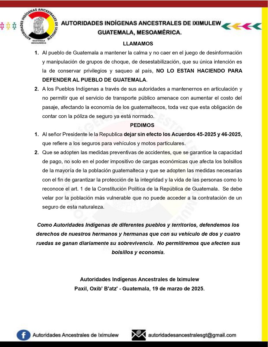 Factor4_GT's tweet photo. #URGENTE | Las Autoridades #Indígenas de Iximulew #rechazan los Acuerdos 45-2025 y 46-2025 sobre #seguros vehiculares, denunciando su impacto en pueblos indígenas y la clase trabajadora. #Respaldan al gobierno de #Arévalo y #Herrera ante intentos de desestabilización. #Guatemala https://t.co/tQqRoR0KAX