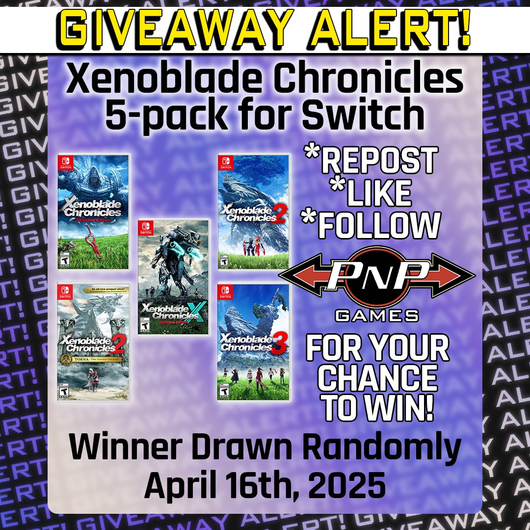 GIVEAWAY ALERT 🎮   

REPOST, LIKE, AND FOLLOW PNP GAMES for your chance to WIN a Xenoblade Chronicles 5-Pack for Nintendo Switch!

Includes North American NTSC copies of  XC 1 DE, 2, 2 Torna, 3, and X Definitive Edition!
HOURS OF ADVENTURE!

#VideoGames #Canada #USA #Free