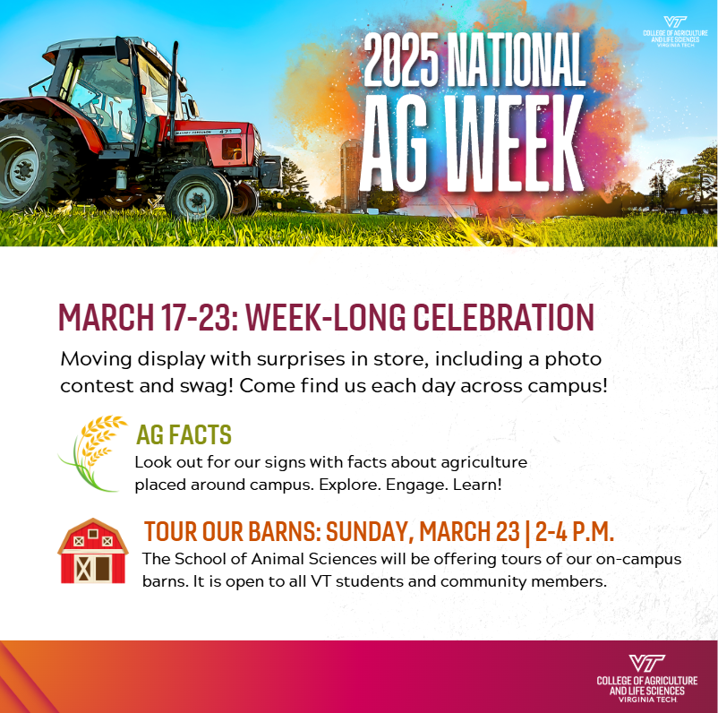 Virginia Tech CALS Global (@vtcalsglobal) on Twitter photo Celebrate #NationalAgricultureWeek with <a href="/VTCals/">Virginia Tech CALS</a> across campus all week! Don't miss out on the @VTAnimalScience barn tour on Sunday from 2-4pm! 🐮🐷 Celebrate #NationalAgricultureWeek with <a href="/VTCals/">Virginia Tech CALS</a> across campus all week! Don't miss out on the @VTAnimalScience barn tour on Sunday from 2-4pm! 🐮🐷