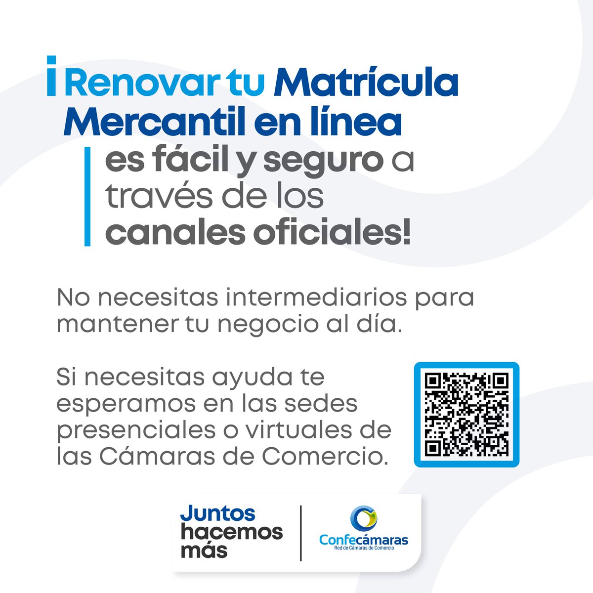 Aún estás a tiempo. 🔔 Renueva tu matrícula mercantil antes del 31 de marzo y mantén activo el motor de tu negocio. Recuerda que las Cámaras de Comercio del país cuentan con canales virtuales y presenciales para realizar el proceso. #JuntosHacemosMás