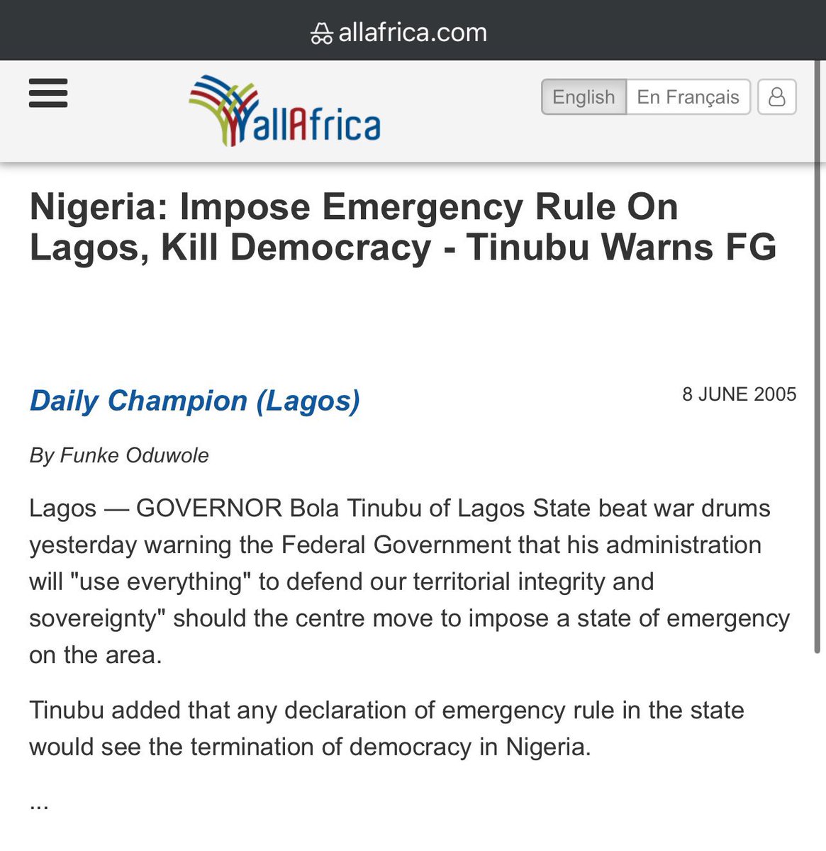 In 2005, a certain Lagos governor was grappling with a lot of local crisis (involving the OPC at the time), he threatened that democracy will end if President Obasanjo should dare to declare a state of emergency in Lagos.

That was 20years ago.
Guess who that Lagos governor was?
