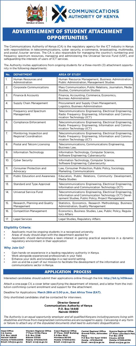 Attention students at higher learning institutions in Kenya! 🇰🇪

Get ready for some exciting student attachment opportunities from April to June 2025.

Apply online: bit.ly/43Skoun

The application deadline is 28th March 2025 at 5:00 PM EAT

Don't miss out.  Apply now!
