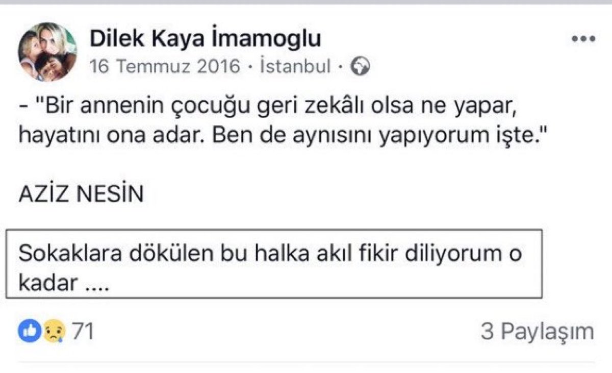 Dilek İmamoğlu 15 temmuzda sokağa çıkıp darbeye karşı duranlara Geri zekalı demek istemişti. 

Bugün yolsuzluktan gözaltına alınan kocası için milleti sokağa çağırıyor. 

Asıl şimdi sizin için sokağa çıkan geri zekalıdır !

#sokağa "HER ŞEY ÇOK GÜZEL OLDU"