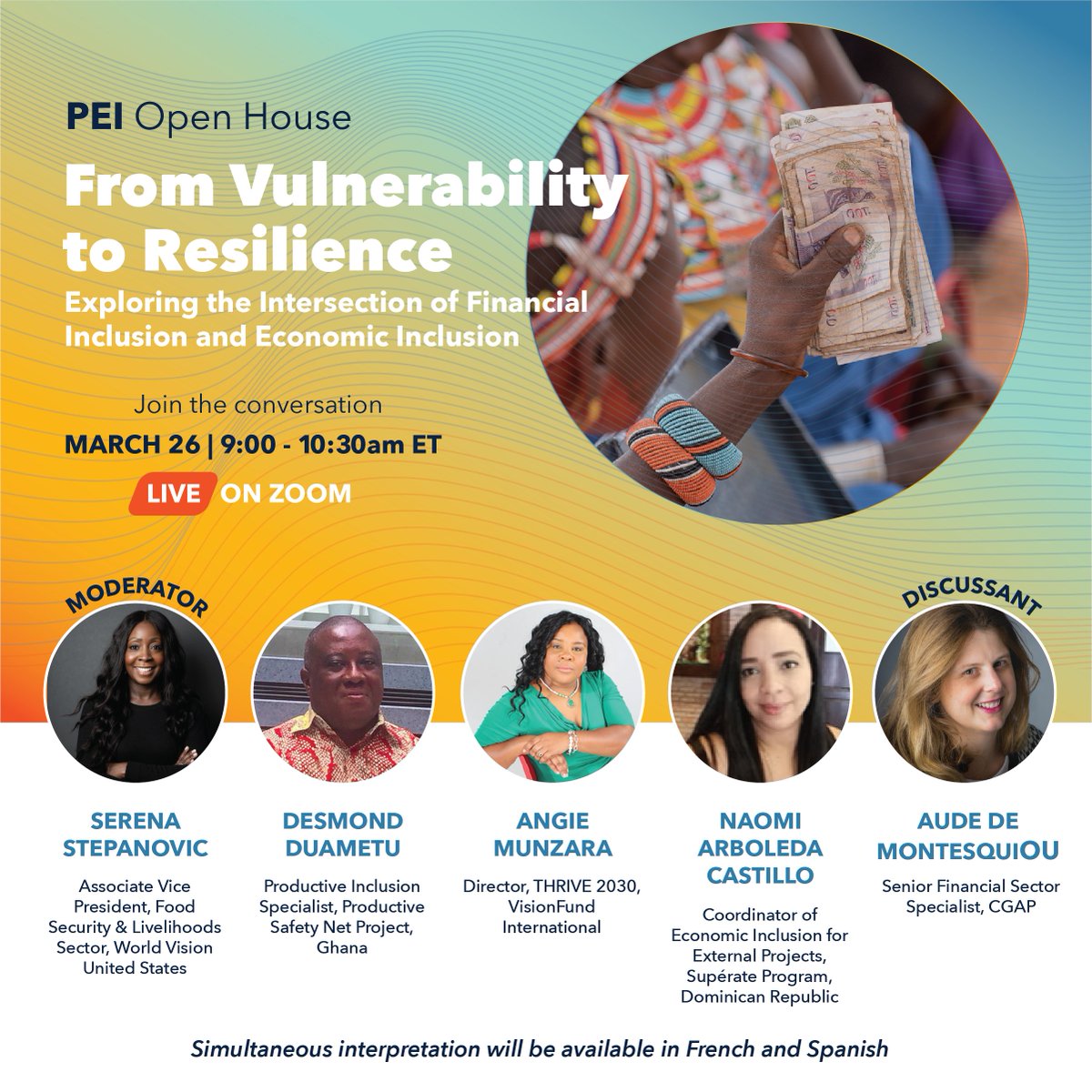 📢 Join the PEI Open House!

🗓 March 26 | 9:00 - 10:30am ET
📍 LIVE on Zoom
💡 Hear from experts on how access to a wide range of financial services can equip households to anticipate, adapt, and recover from sudden shocks.

🔗 Register now! bit.ly/PEIOpenHouse
#PEIOpenHouse