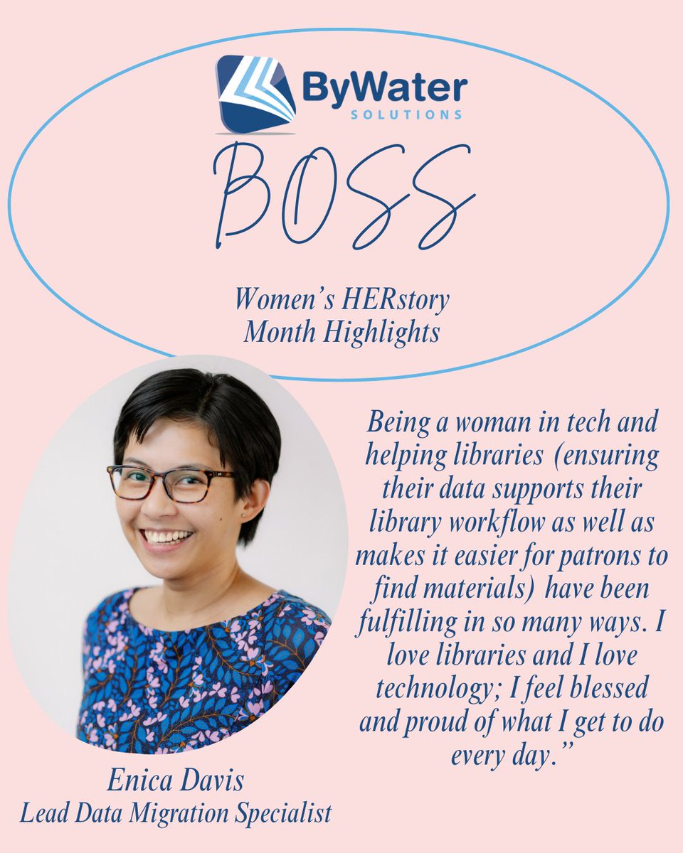 ByWaterSolution's tweet image. Time for another ByWater Boss Women's HERstory month feature!!
Today, meet Enica Davis, Lead Data Migration Specialist at ByWater Solutions! I
Thanks for all you do, Enica!!! 
 
#womenshistorymonth #librarians #librarytechnology #librarylife #womenintech #opensource