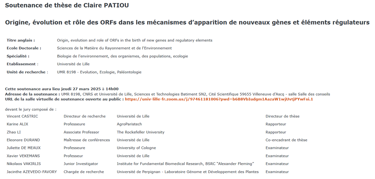 ED_SMRE's tweet photo. 🎓Claire PATIOU
📆27 mars 2025 🕰️14h
🗺️Cité Scientifique, Bât. SN2, Villeneuve d’Ascq - Salle des Conseils
🪧Origine, évolution et rôle des #ORFs dans les mécanismes d’apparition de nouveaux #gènes et éléments régulateurs https://t.co/dsLo9Xjolb