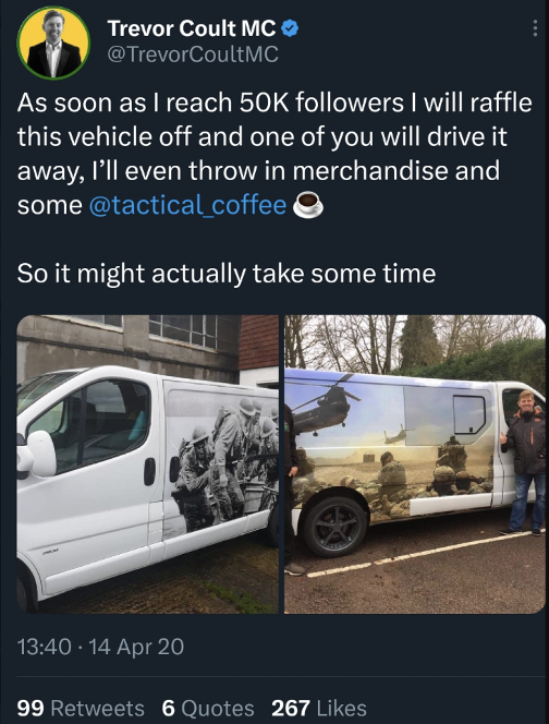 rstrok71's tweet photo. Trevor Coult says trolls should face consequences for what they have done. i would like to see TC face consequences for defrauding veterans. The #scamvan and having a fake charity say it all- who did the can visit? no one. https://t.co/gn6YRtDI4o