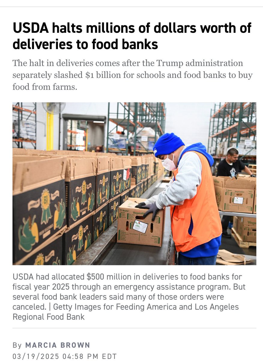 DrEricDing's tweet photo. BREAKING—Trump’s Agriculture Department has halted HUNDREDS OF MILLIONS  of dollars worth of deliveries to food banks without explanation. USDA had previously allocated $500 million in deliveries to food banks for fiscal year 2025 through The Emergency Food Assistance Program. Now, food bank leaders say many of those orders have been canceled. This is on top of $1 BILLION cancelled last week for school lunch purchases from local farms. 

By @Marcia_Brown9 
 https://t.co/8UzEM4cjY5