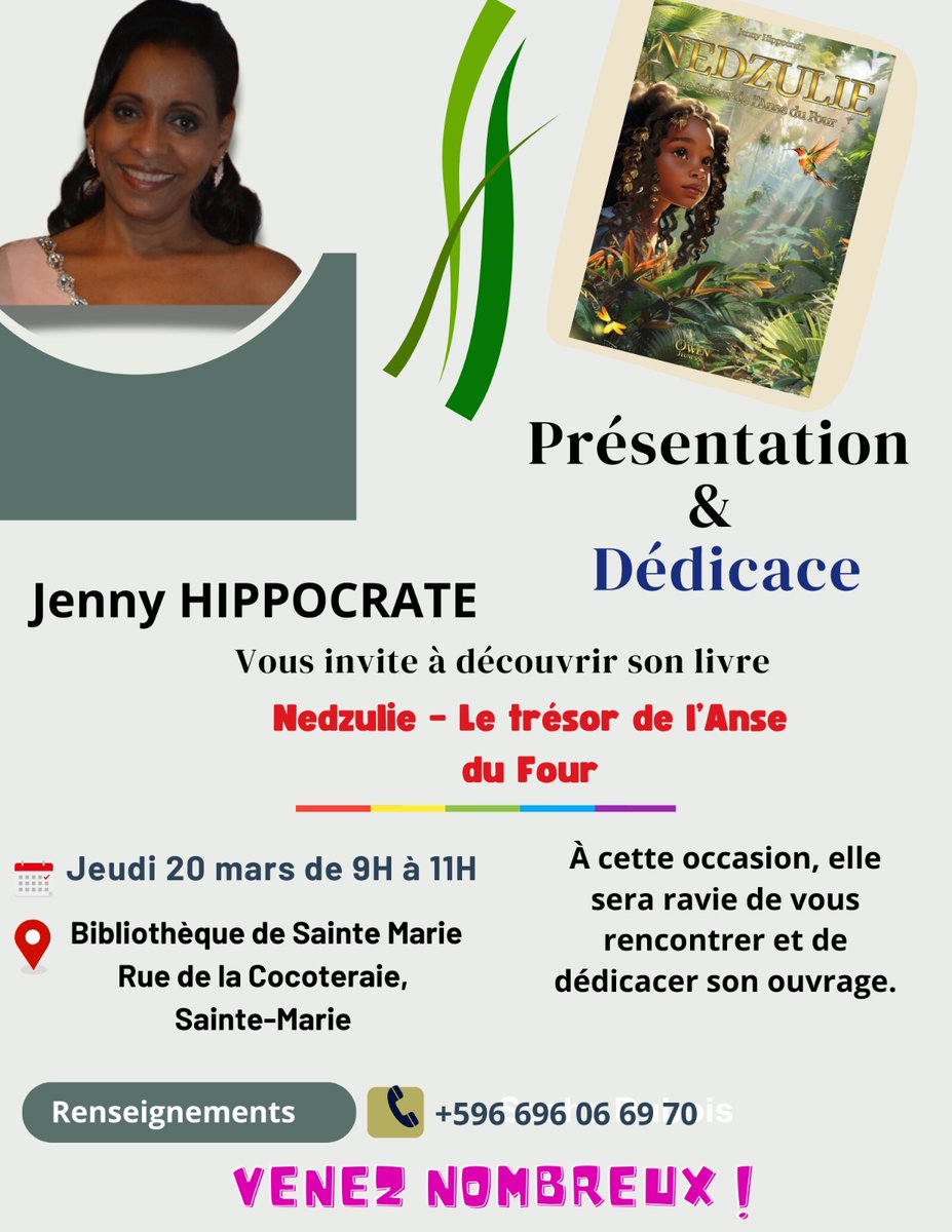 Drepaction's tweet image. NEDZULIE LE TRÉSOR DE L'ANSE DU FOUR 
Présentation et dédicace de mon livre ce jeudi 20 mars à la bibliothèque de Sainte Marie.
#Nedzulie #letresordelansedufour #livre #domtom
#drepaction #drepanocytose #corsair #Kameleon75012 #Shelton #lecture #owenpublishing