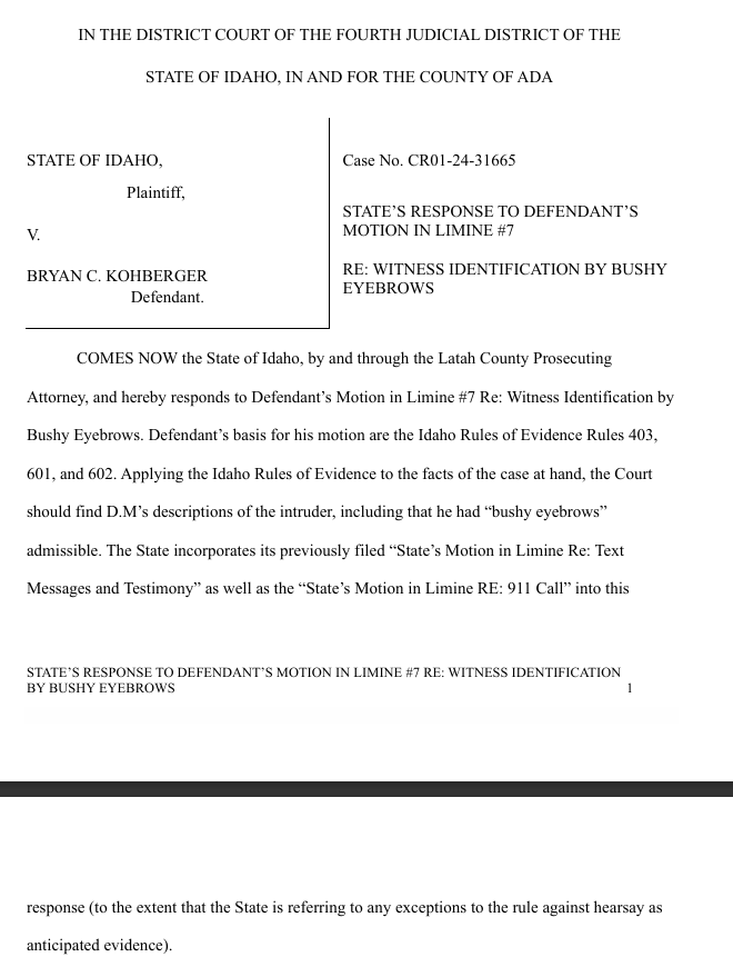 SarahDIrish's tweet photo. Response to Defendant's Motion in Limine #7 RE: Witness Identification by Bushy Eyebrows
https://t.co/8DYjpIJbJf
#BryanKohberger
#IdahoDocs
#BushyEyebrows https://t.co/cEZjrsXjaL
